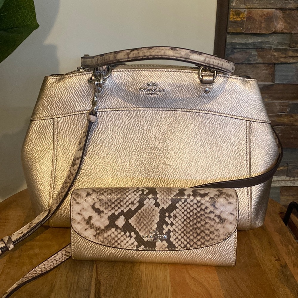 Rose gold and snakeskin Coach purse and wallet